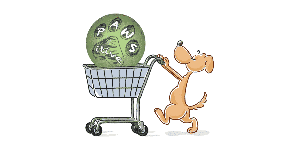 Hund beim Einkaufen von Hundespielzeug